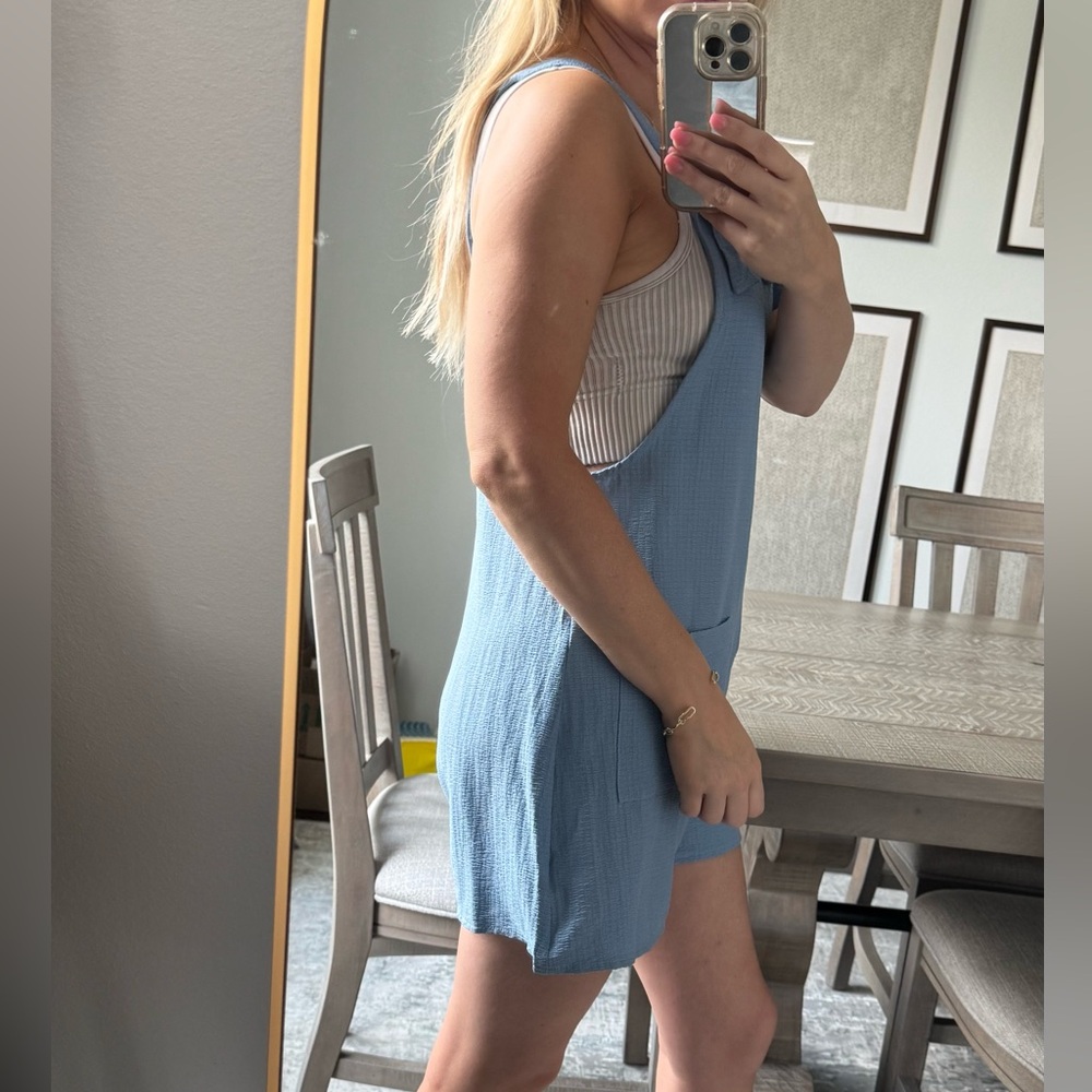 Light Blue Sleeveless Casual Over Alls Romper with Pockets - Picture 4 of 11